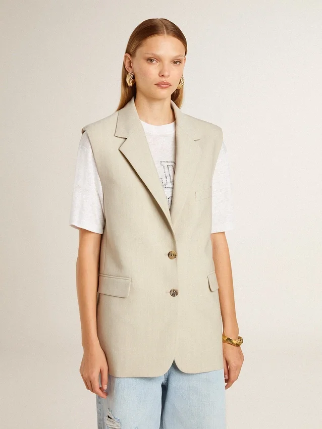 Giacca gilet da donna in misto lana color kaki