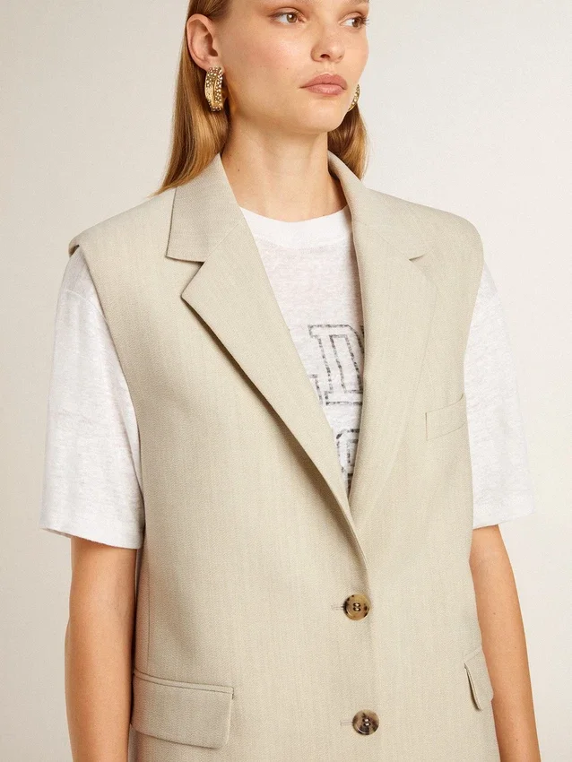 Giacca gilet da donna in misto lana color kaki