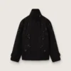 Giacca oversize da donna in twill di cotone nero con ricamo floreale in paillettes