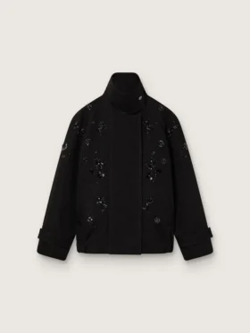 Giacca oversize da donna in twill di cotone nero con ricamo floreale in paillettes