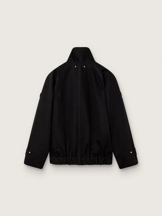 Giacca oversize da donna in twill di cotone nero con ricamo floreale in paillettes