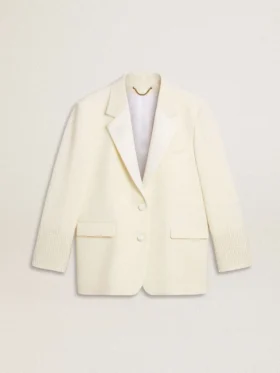 Giacca oversize monopetto bianca con effetto seta e ricami