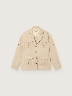 Giacca safari da donna in viscosa beige a micro-chevron