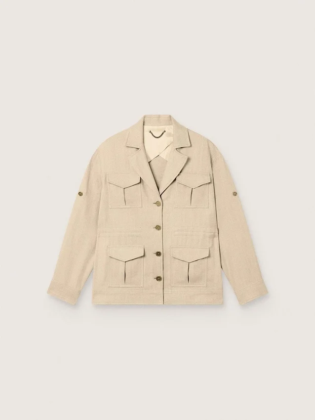 Giacca safari da donna in viscosa beige a micro-chevron
