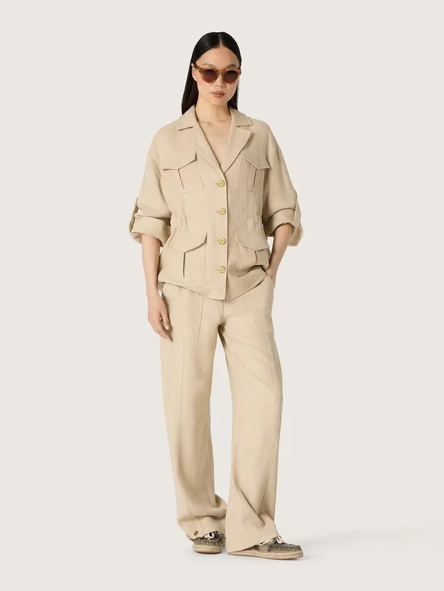 Giacca safari da donna in viscosa beige a micro-chevron