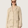 Giacca safari da donna in viscosa beige a micro-chevron