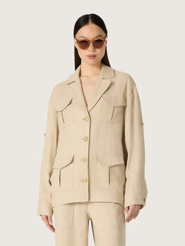 Giacca safari da donna in viscosa beige a micro-chevron