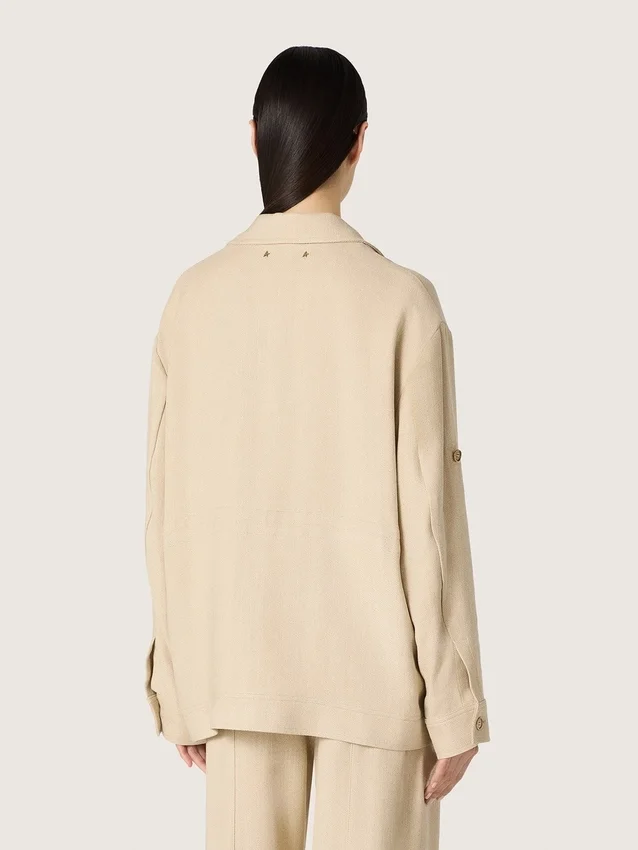Giacca safari da donna in viscosa beige a micro-chevron