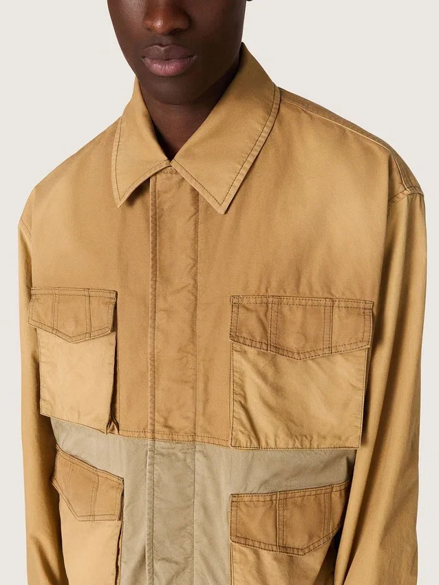 Giacca safari unisex in cotone beige e verde militare con tasche maxi