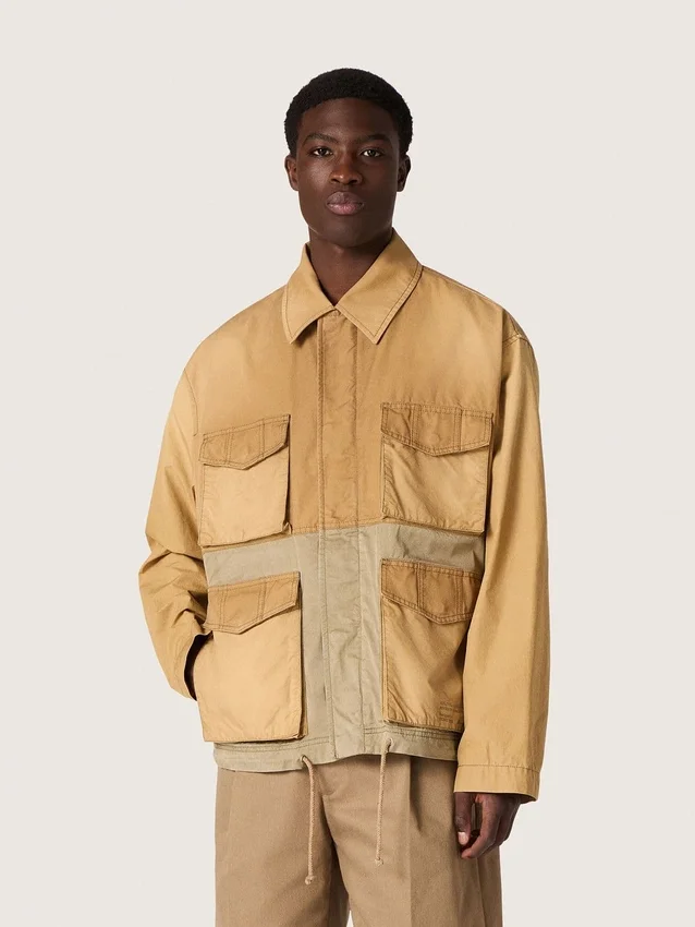 Giacca safari unisex in cotone beige e verde militare con tasche maxi