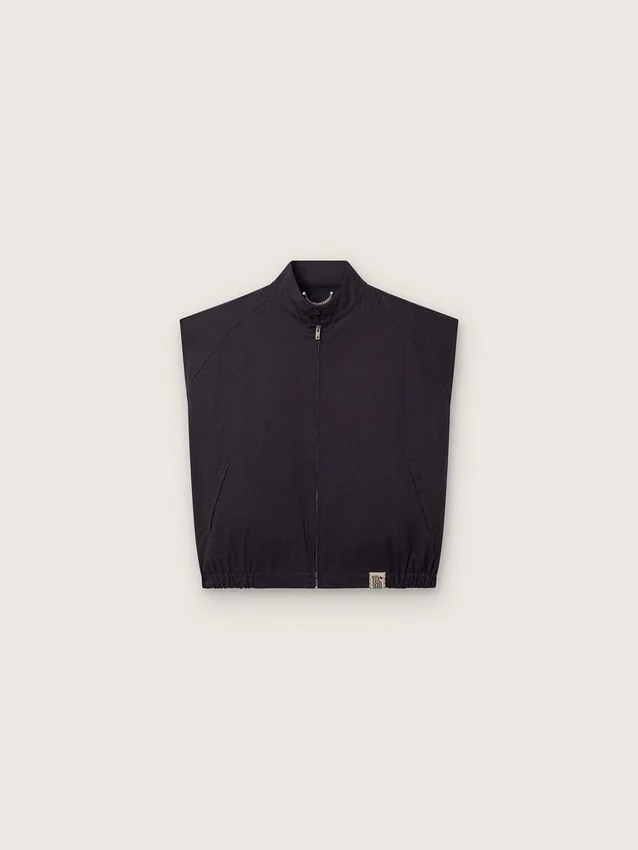 Gilet da uomo in twill di cotone blu scuro con cerniera ed etichetta con stampa a bandiera