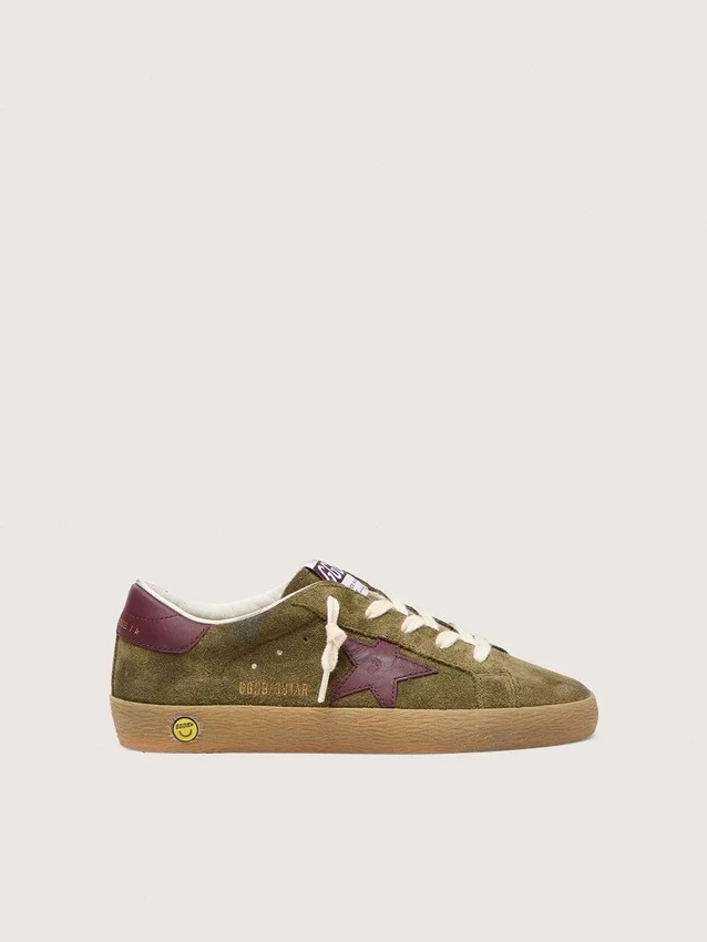 Giovane Super-Star in pelle scamosciata verde militare con stella in pelle bordeaux e linguetta sul tallone