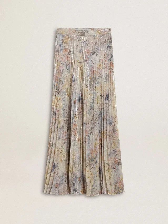 Gonna lunga a pieghe da donna con stampa floreale multicolore in paillettes