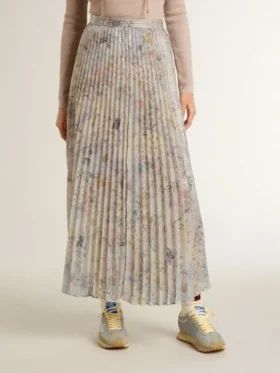Gonna lunga a pieghe da donna con stampa floreale multicolore in paillettes