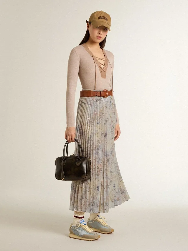 Gonna lunga a pieghe da donna con stampa floreale multicolore in paillettes