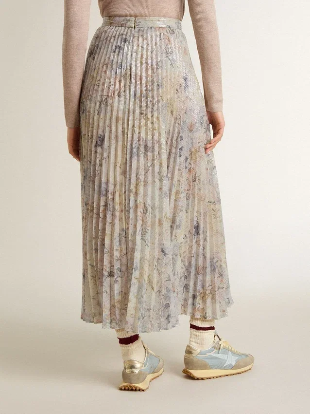 Gonna lunga a pieghe da donna con stampa floreale multicolore in paillettes