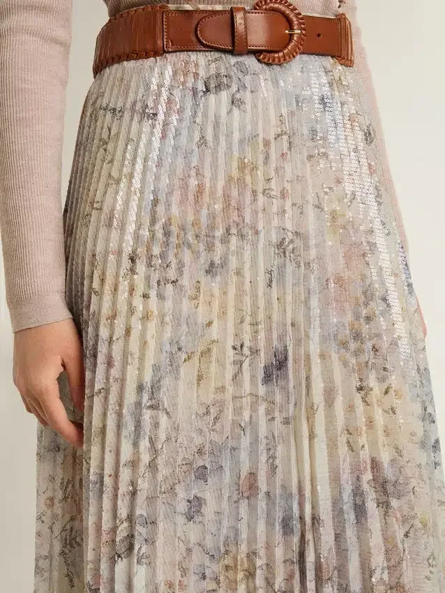 Gonna lunga a pieghe da donna con stampa floreale multicolore in paillettes