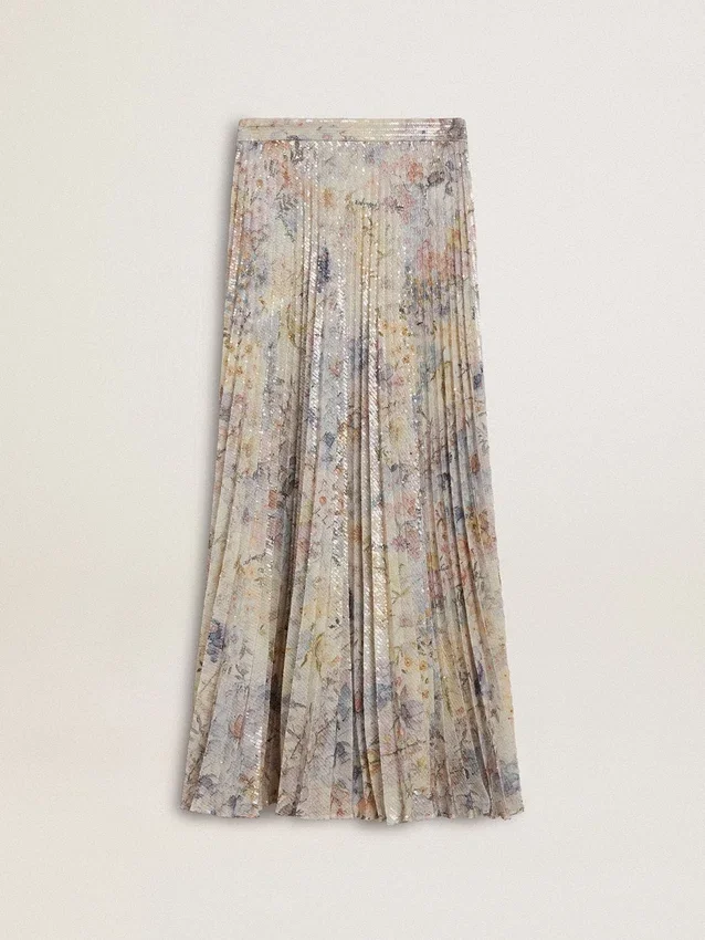 Gonna lunga a pieghe da donna con stampa floreale multicolore in paillettes