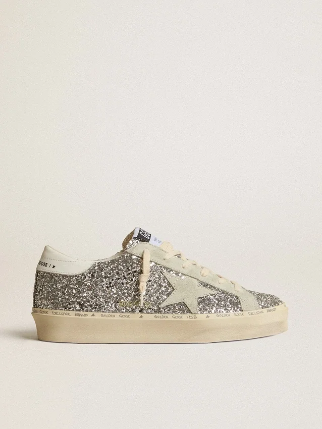 Hi Star da donna in glitter argento con stella in pelle scamosciata e linguetta sul tallone bianca