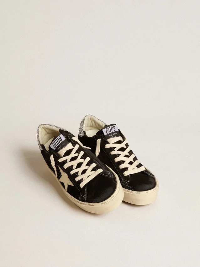 Hi Star da donna in pelle nera con linguetta sul tallone con glitter argento