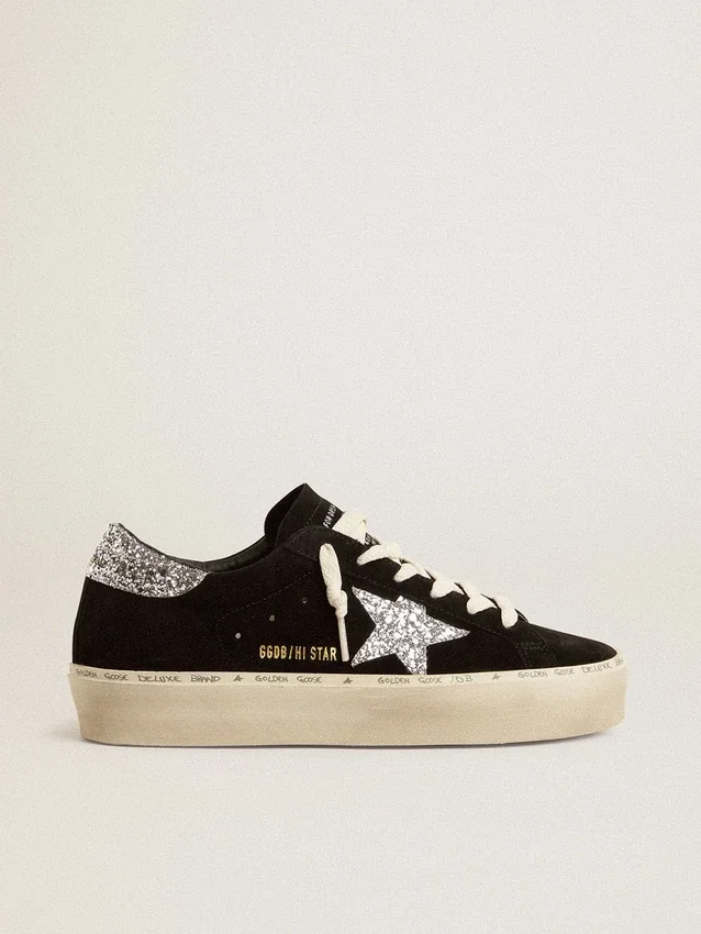 Hi Star da donna in pelle scamosciata nera con stella glitterata argento