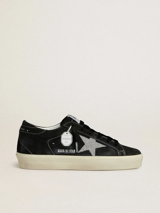 Hi Star da donna in pelle scamosciata nera con stella in cristallo Swarovski argento