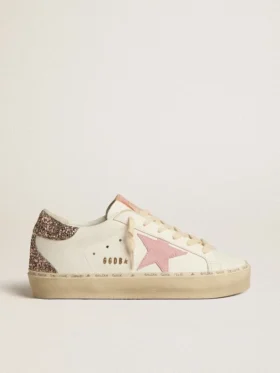 Hi Star in pelle bianca con stella in pelle scamosciata rosa e linguetta sul tallone con glitter rosa