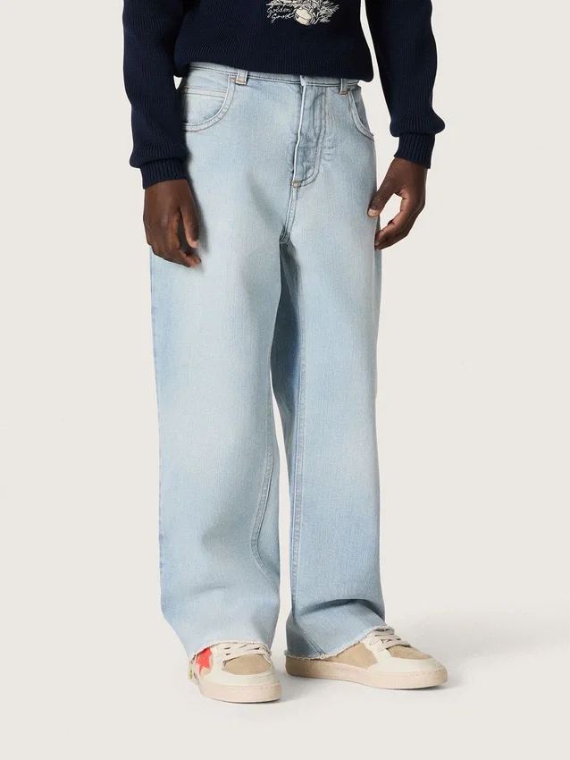 Jeans da bambino Golden in denim azzurro con logo ricamato