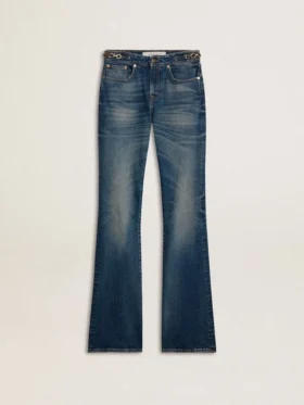 Jeans da donna a zampa con lavaggio vintage e dettagli metallici