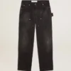 Jeans da donna in cotone nero con effetto consumato e toppe sul davanti