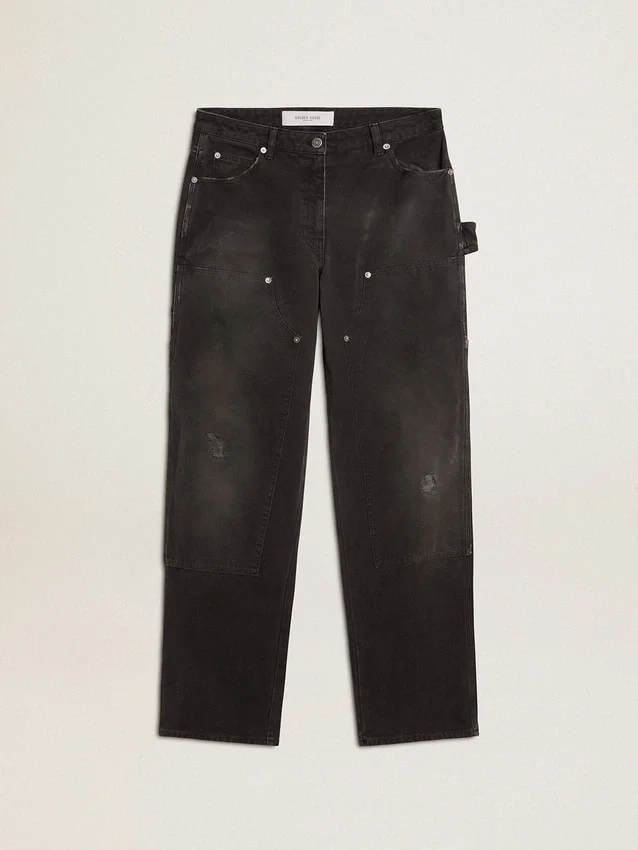 Jeans da donna in cotone nero con effetto consumato e toppe sul davanti