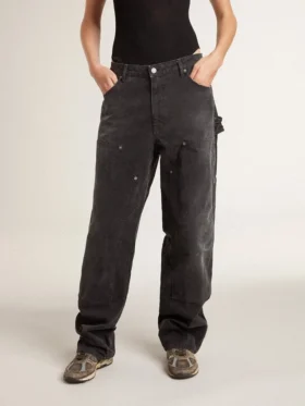 Jeans da donna in cotone nero con effetto consumato e toppe sul davanti