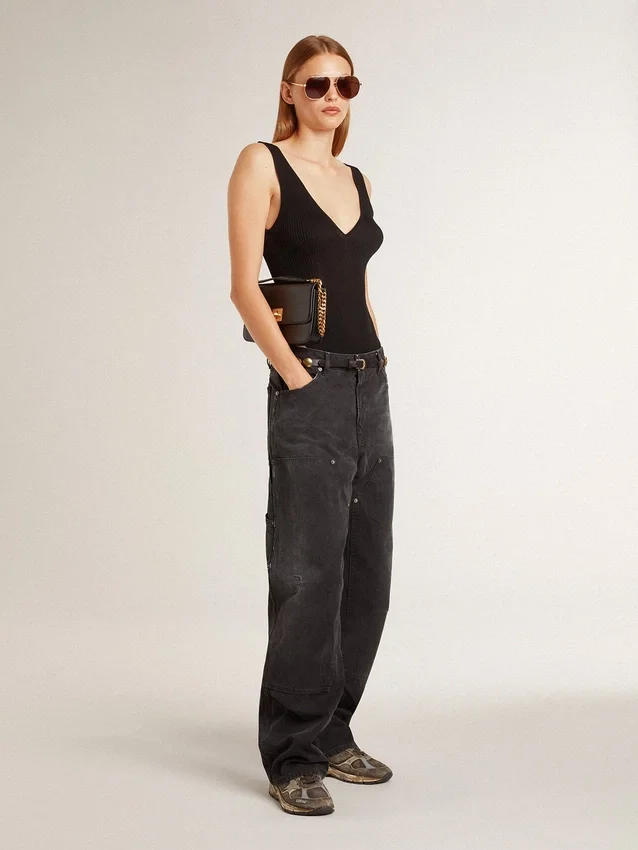 Jeans da donna in cotone nero con effetto consumato e toppe sul davanti