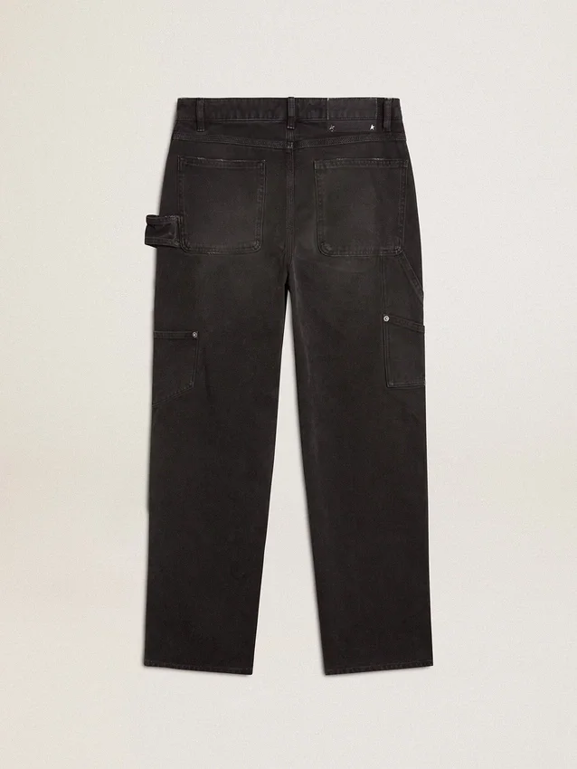 Jeans da donna in cotone nero con effetto consumato e toppe sul davanti