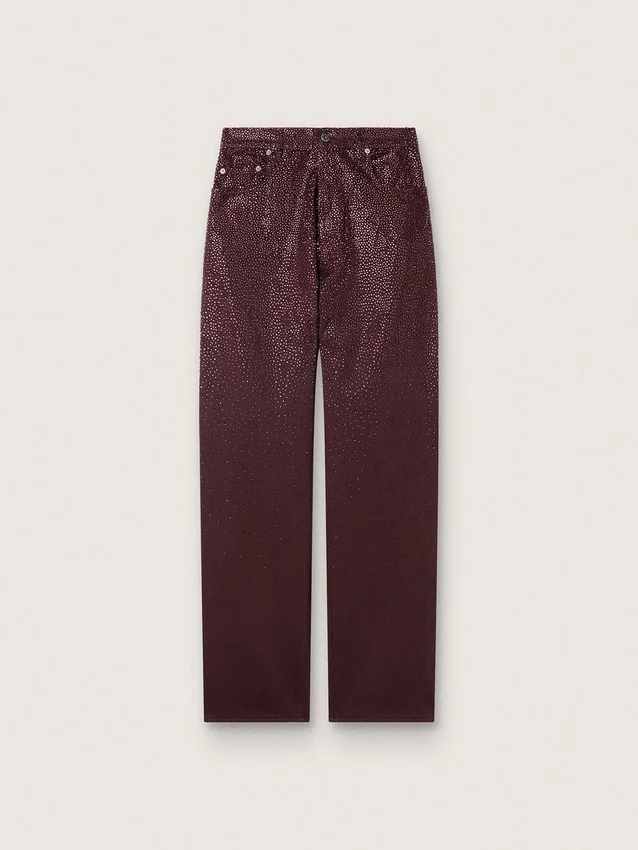 Jeans da donna in denim bordeaux con cristalli sfumati
