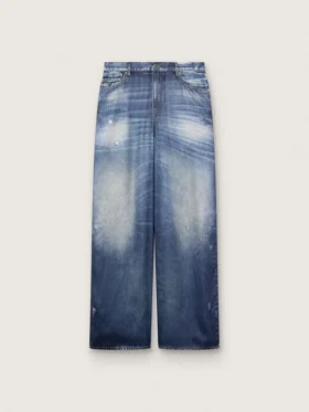 Jeans da donna in stile boyfriend in denim blu con stampa d’archivio