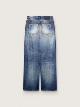 Jeans da donna in stile boyfriend in denim blu con stampa d’archivio
