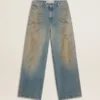 Jeans da donna modello boyfriend con effetto vissuto, lavaggio sabbia e borchie