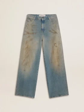 Jeans da donna modello boyfriend con effetto vissuto, lavaggio sabbia e borchie