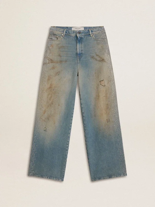 Jeans da donna modello boyfriend con effetto vissuto, lavaggio sabbia e borchie