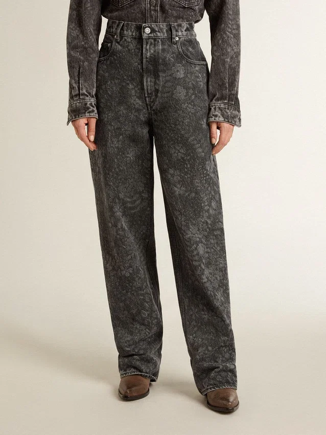 Jeans da donna neri con motivo floreale