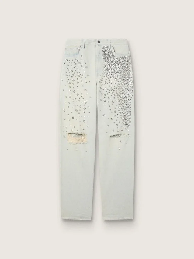 Jeans da donna sbiaditi con cristalli cabochon