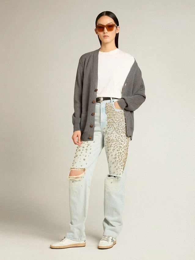 Jeans da donna sbiaditi con cristalli cabochon