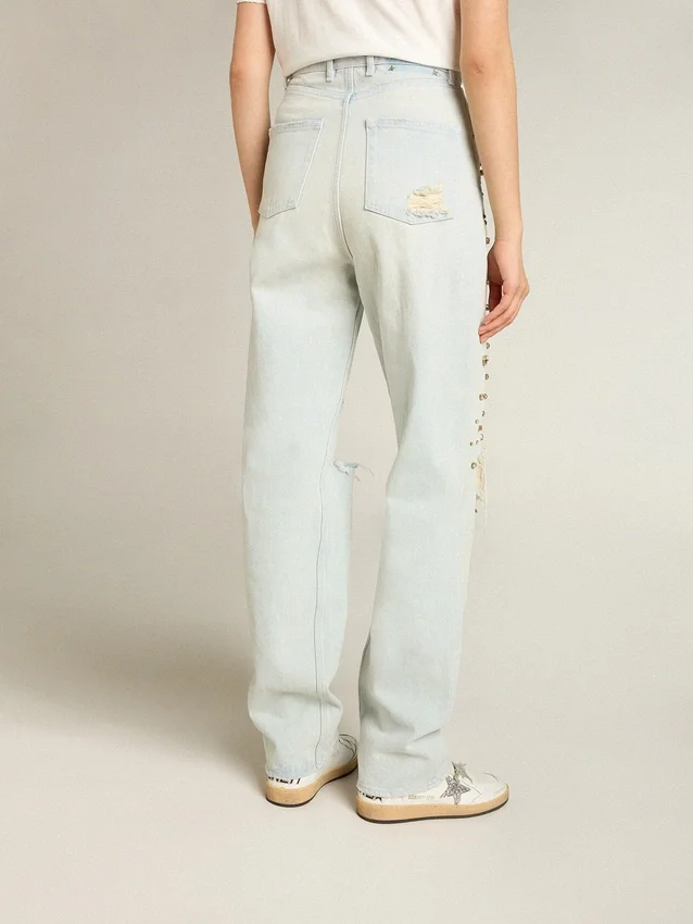 Jeans da donna sbiaditi con cristalli cabochon