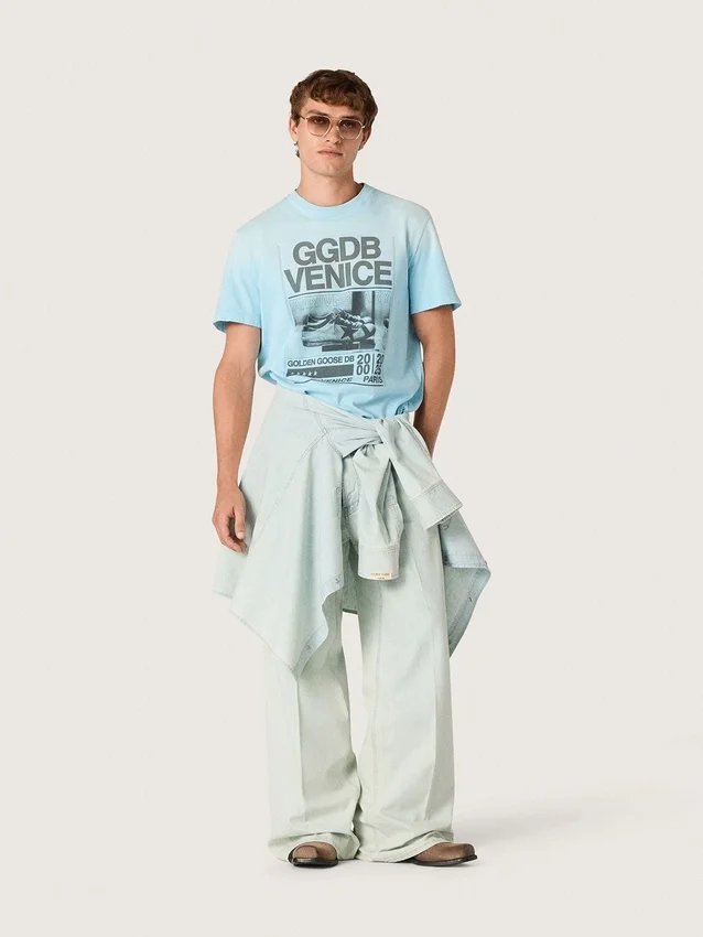 Camicie da uomo in jersey di cotone azzurro con stampa grafica