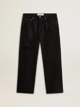 Jeans da uomo neri dalla vestibilità ampia con cristalli su tutta la superficie e effetto sfumato