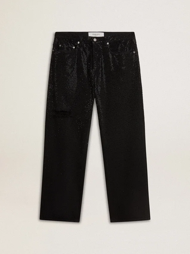 Jeans da uomo neri dalla vestibilità ampia con cristalli su tutta la superficie e effetto sfumato