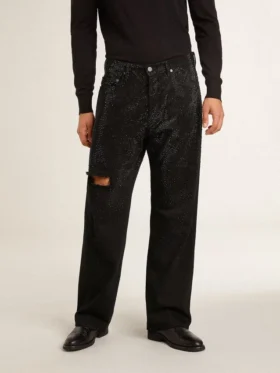 Jeans da uomo neri dalla vestibilità ampia con cristalli su tutta la superficie e effetto sfumato
