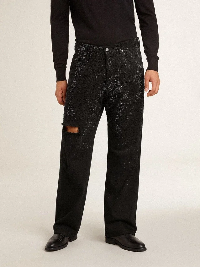 Jeans da uomo neri dalla vestibilità ampia con cristalli su tutta la superficie e effetto sfumato