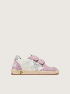 Young Ball Star in pelle bianca con stella in pelle argento metallizzato e inserti in pelle scamosciata lilla